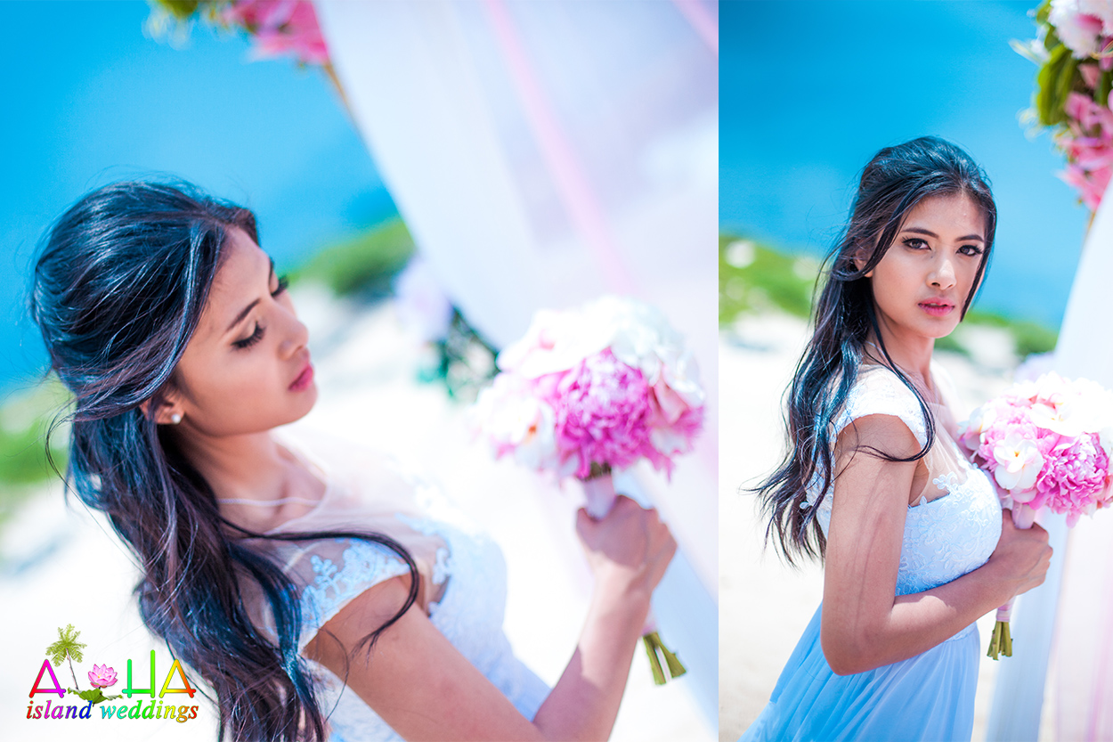 Two portraits of a bride holding a pink peony bouquet under the arch
